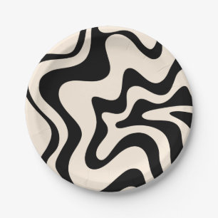 Retro Liquid Swirl Modern Abstract Pattern Black  Paper Plate