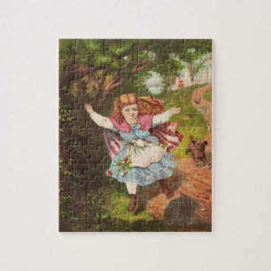 Retro Little Girl and Dog Lithograph Illustration Jigsaw Puzzle