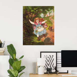 Retro Little Girl and Dog Lithograph Illustration Poster