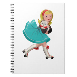 Retro little girl on roller skates notebook