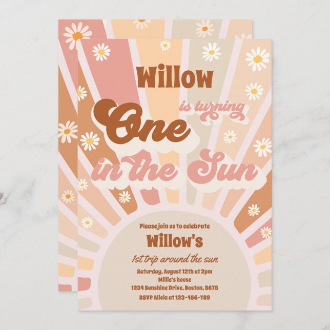 Retro Little Sunshine One In The Sun Birthday Invitation (Front/Back)