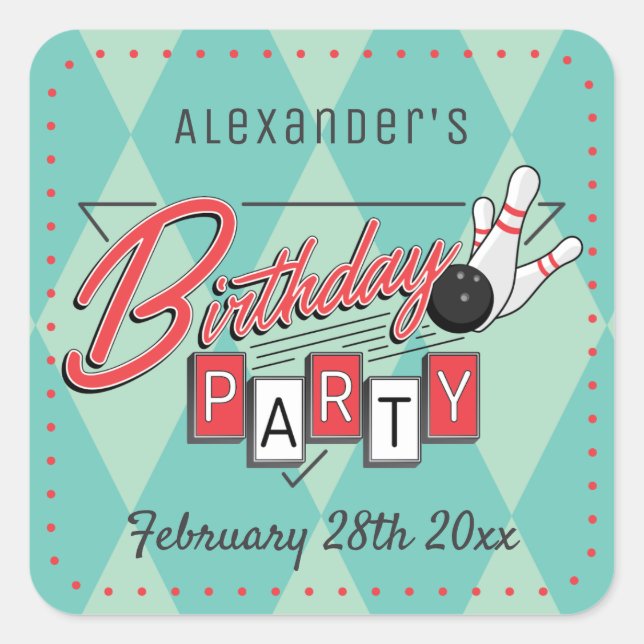 Retro Logo Bowling Birthday Party Stickers (Front)