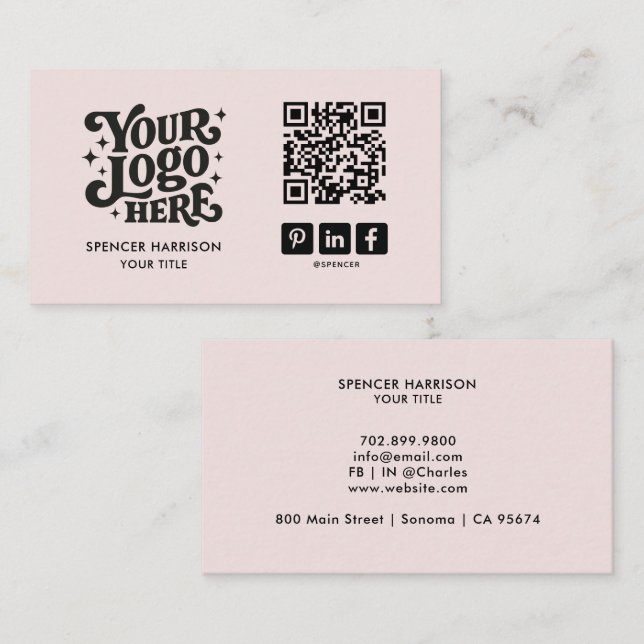 Retro Logo QR Code Blush Pink Business Card (Front/Back)