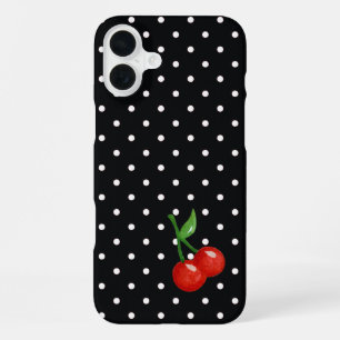 Retro Look Black and White Polka Dot with Cherries iPhone 16 Plus Case