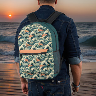 Retro Look Green Japanese Inspired Waves Monogram Printed Backpack