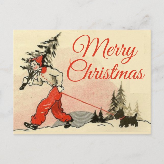 Retro Look Scottie and New Christmas Tree Holiday Postcard (Front)