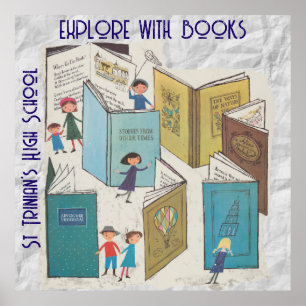 Retro looking EXPLORE WITH BOOKS. Editable text. Poster