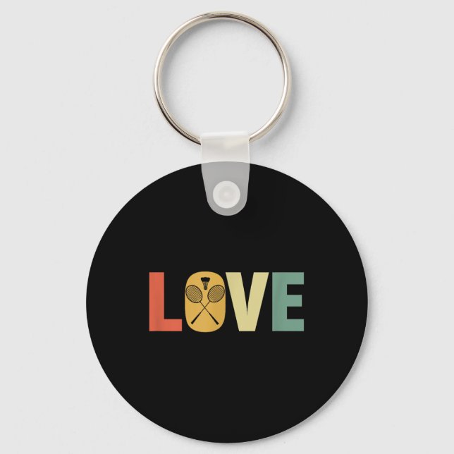Retro Love Badminton Rackets &amp; Shuttle, I Love Key Ring (Front)