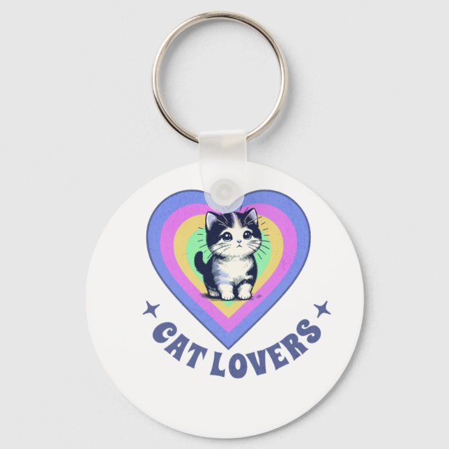 Retro Love Cats Illustration for Cat Lovers Key Ring (Front)