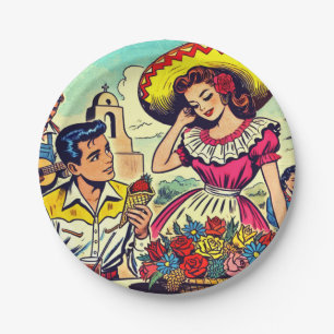 Retro Love Couple Comic Paper Plate
