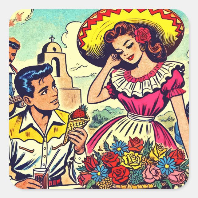 Retro Love Couple Comic Square Sticker (Front)