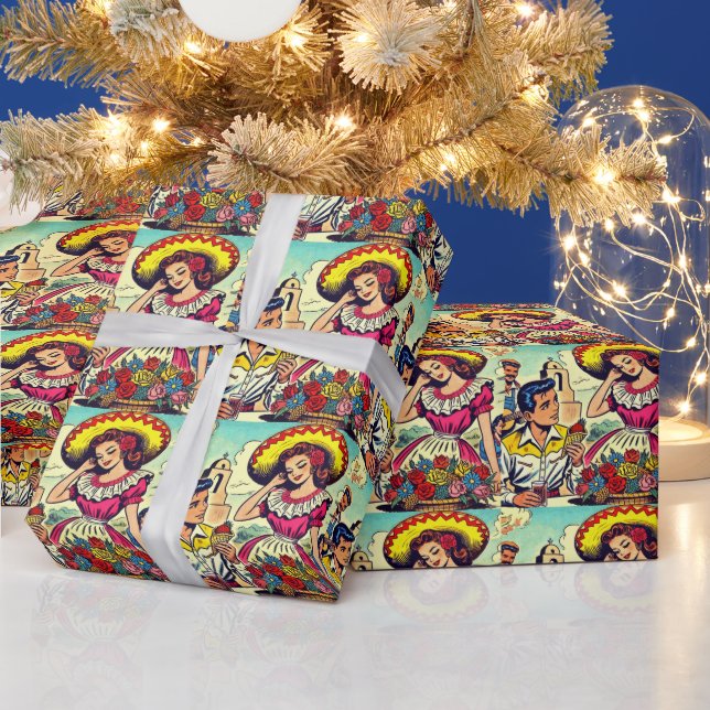 Retro Love Couple Comic Wrapping Paper (Holidays)