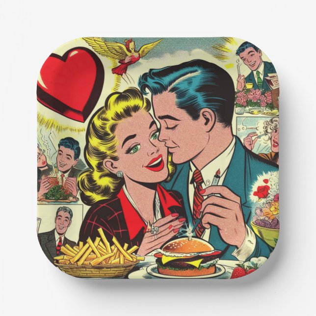 Retro Love Couple Comics Paper Plate (Front)