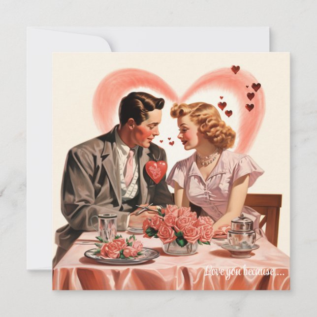 Retro love couple red hearts Valentine Holiday Card (Front)