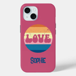 Retro Love Typography On Vintage Sunset Stripes iPhone 15 Case
