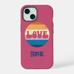 Retro Love Typography On Vintage Sunset Stripes iPhone 15 Case