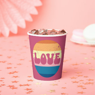 Retro Love Typography On Vintage Sunset Stripes Paper Cups