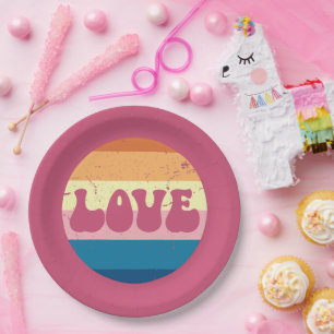 Retro Love Typography On Vintage Sunset Stripes Paper Plate