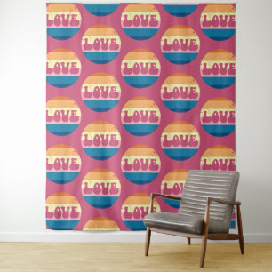 Retro Love Typography On Vintage Sunset Stripes Tapestry