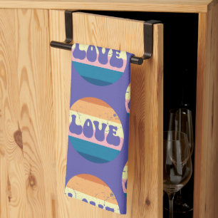 Retro Love Typography On Vintage Sunset Stripes Tea Towel