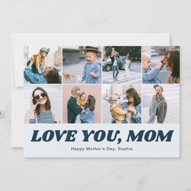 Retro Love You Mom 12 Photo Collage Blue Holiday Card (Front)