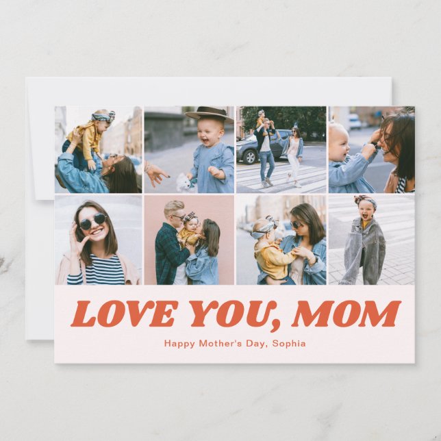 Retro Love You Mom 12 Photo Collage Pink Holiday Card (Front)