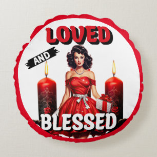 Retro Loved and Blessed Pinup Round Cushion