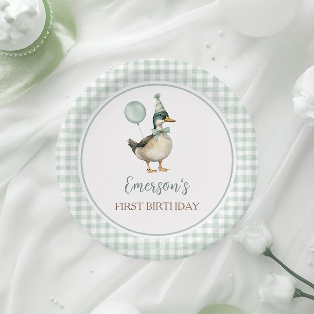 Retro Lucky Duck Sage Green Gingham 1st Birthday Paper Plate (Creator Uploaded)