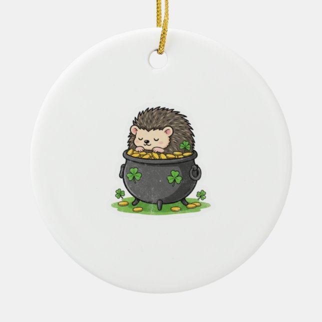Retro Lucky Shamrock Hedgehog St.Patrick's Day Ceramic Tree Decoration (Front)