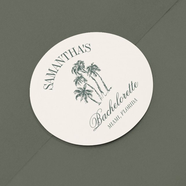 Retro Luxe Beach Bachelorette Logo Palm Trees Classic Round Sticker (Creator Uploaded)
