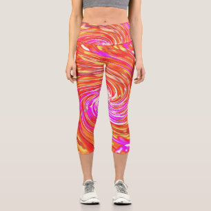 Retro Magenta and Autumn Colours Floral Swirl Capri Leggings