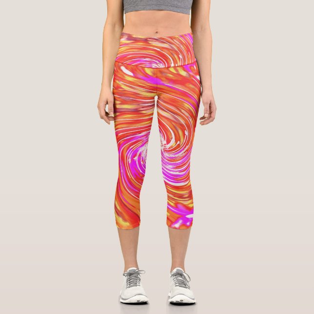 Retro Magenta and Autumn Colours Floral Swirl Capri Leggings (Front)
