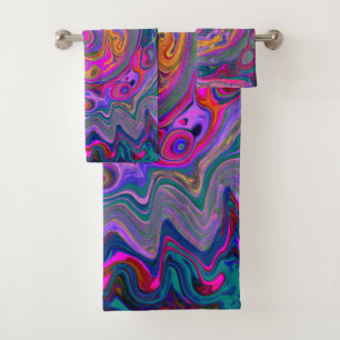 Retro Magenta, Green and Orange Abstract Swirl Bath Towel Set
