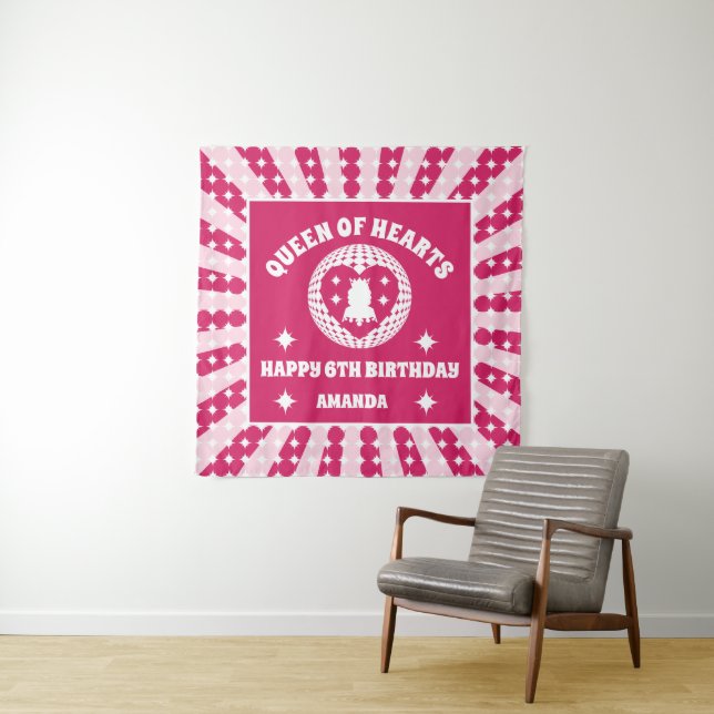 Retro Magenta Queen Of Hearts Birthday Banner Tapestry (In Situ)