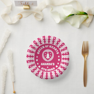 Retro Magenta Queen Of Hearts Birthday Paper Plate