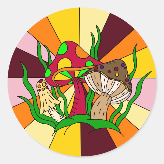 Retro Magic Mushrooms Hand drawn Art  Classic Round Sticker (Front)