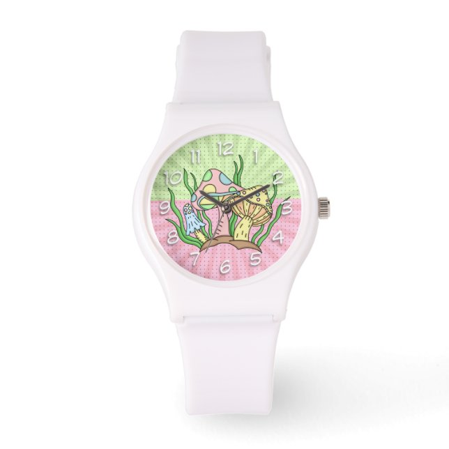 Retro Magic Mushrooms Pink and  Yellow  Watch (Front)