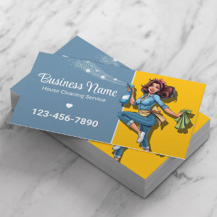 Retro Maid House Cleaning Service Blue & Gold Business Card