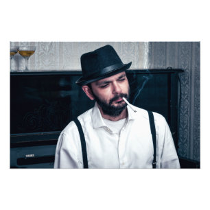 Retro man playing piano and smoking photo print