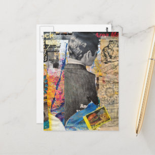 Retro man working diagrams Mixed media collage Postcard