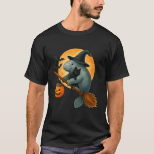 Retro Manatee Witch Hat Black Cat Pumpkin Hallowee T-Shirt