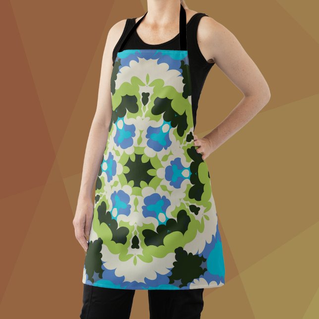 Retro Mandala Blue Green White and Black Apron (Creator Uploaded)
