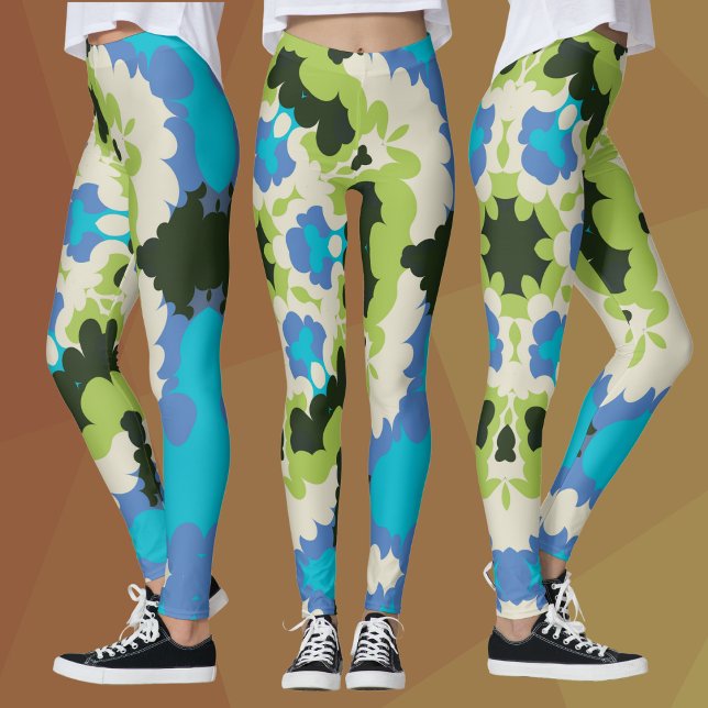 Retro Mandala Blue Green White and Black Leggings (Creator Uploaded)