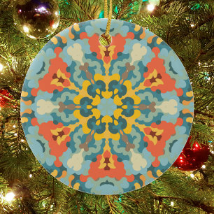 Retro Mandala Blue Orange and Yellow Ceramic Tree Decoration
