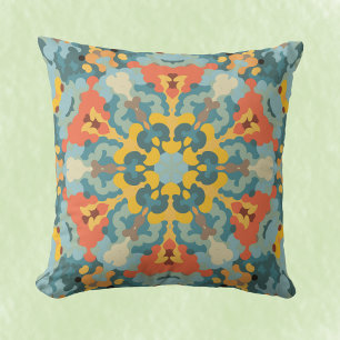Retro Mandala Blue Orange and Yellow Cushion