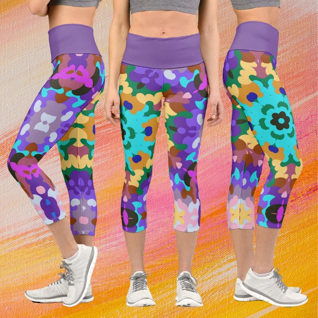 Retro Mandala Blue Purple and Yellow Capri Leggings (Creator Uploaded)