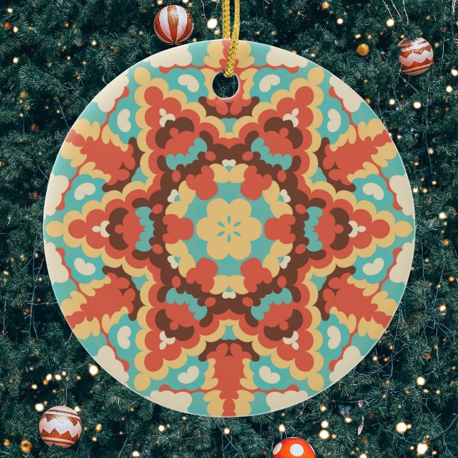 Retro Mandala Blue Red and Yellow Ceramic Tree Decoration (Blue Red and Yellow Retro Mandala Christmas Ornament from Wormhole Orbital)