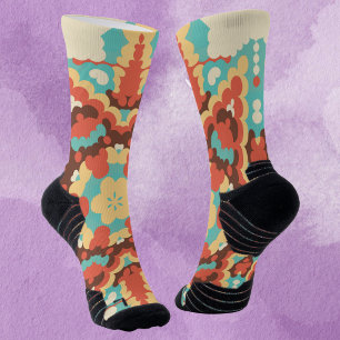 Retro Mandala Blue Red and Yellow Socks