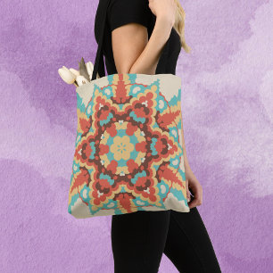Retro Mandala Blue Red and Yellow Tote Bag