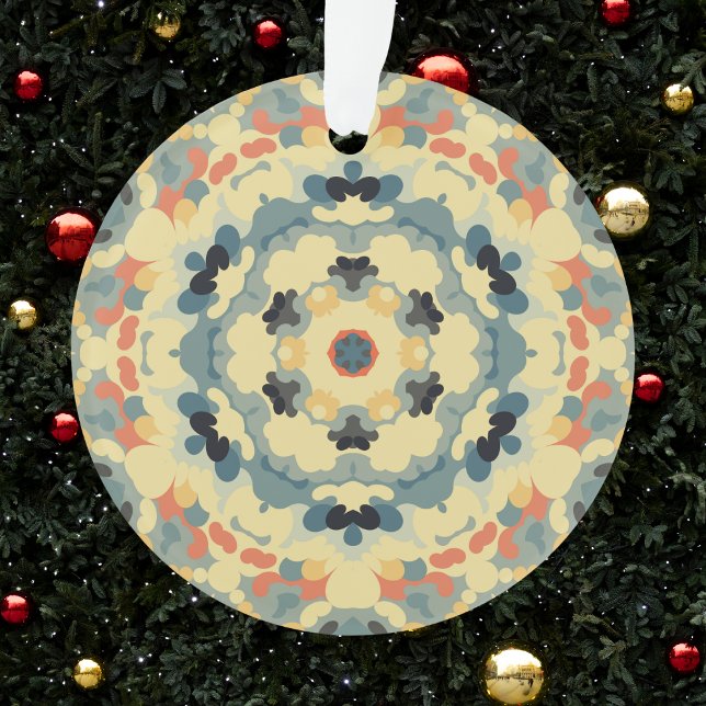 Retro Mandala Blue Yellow and Red Ornament (Blue Red and Tan Retro Mandala Ornament by Wormhole Orbital)